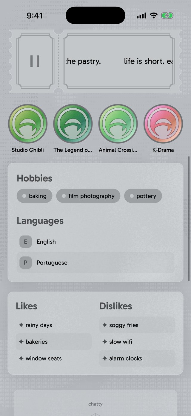 Fandom badges, hobbies, languages, likes and dislikes