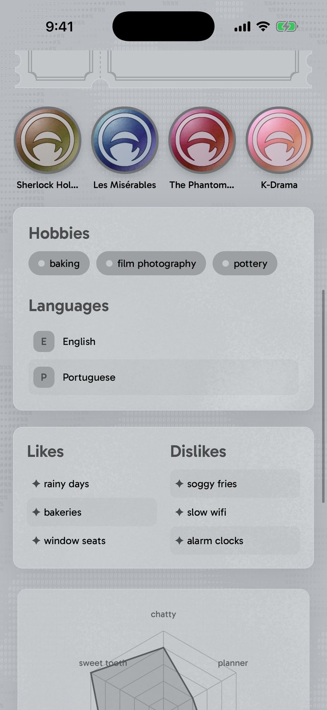 Fandom badges for Sherlock Holmes, Les Misérables, The Phantom of the Opera and K-Drama, then hobbies, languages, likes and dislikes