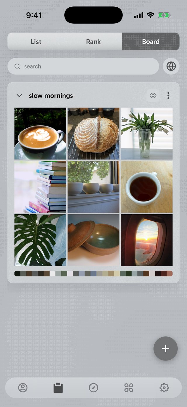 A 3x3 moodboard of slow mornings with a strip of its photos' colours underneath