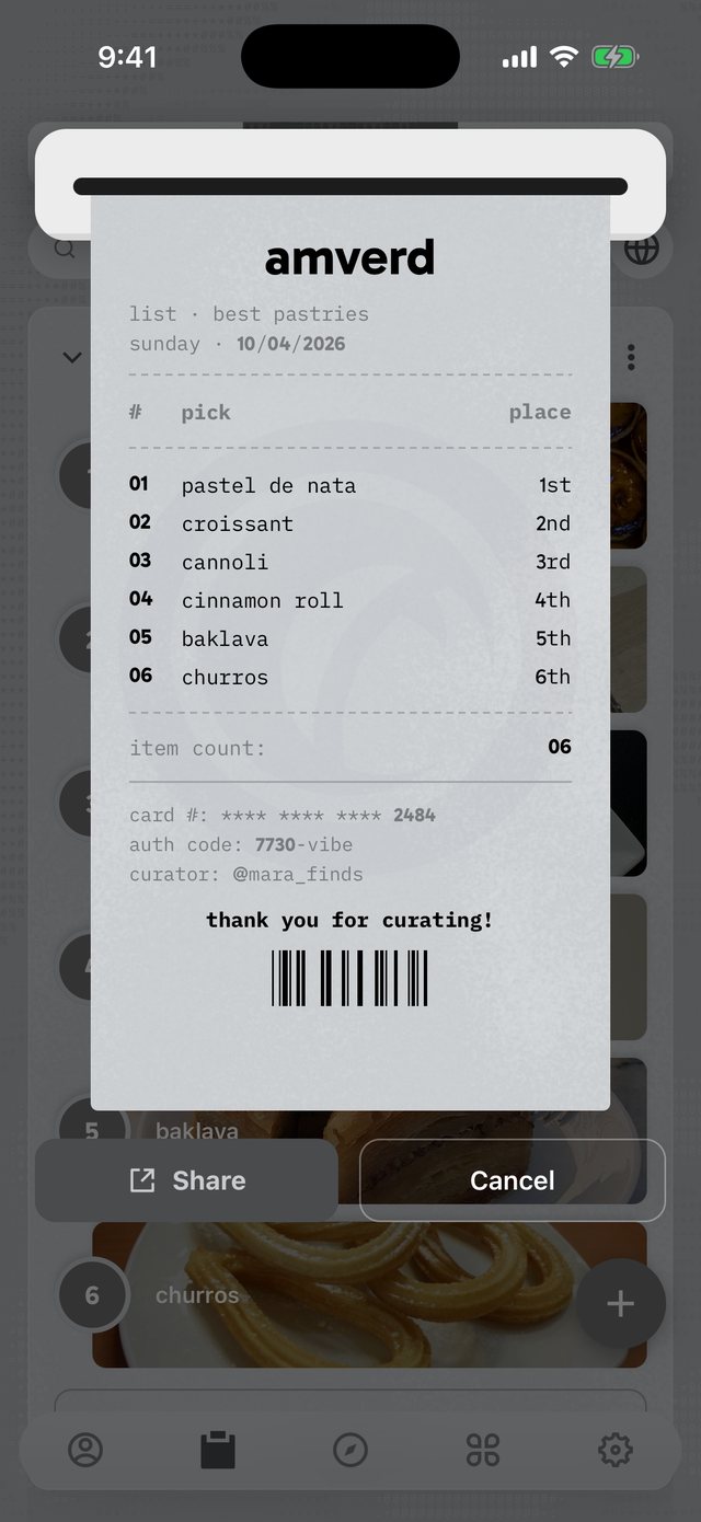 A best pastries ranking printed as a receipt, places 1st to 6th, with a barcode
