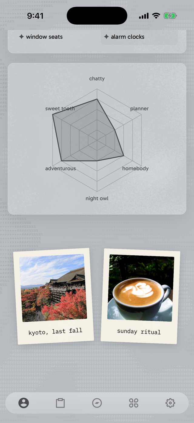 A taste radar of six traits, and polaroids with captions